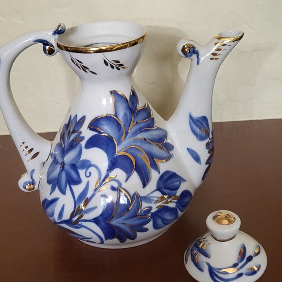 Russian Fenix Teapot Coffee Pot Handmade Porcelain Blue White Gold Kislovodsk - Picture 7 of 9